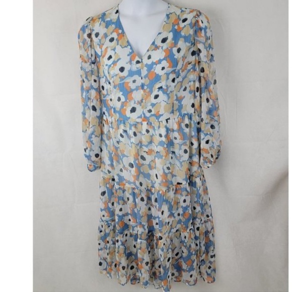 JOIE Womens XL Dress Midi Floral Fields Tiered Prairie Boho V Neck Sheer Sleeves - Picture 2 of 9